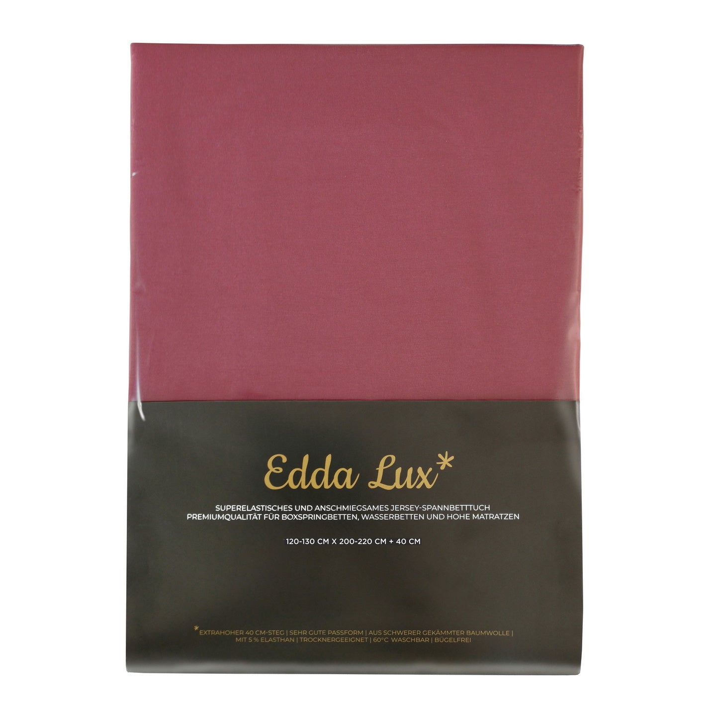 Verpackung von Edda Lux Spannbettlaken für Boxspringbetten und Wasserbetten mit aufgedrucktem Matratzenmaß 120×220 cm