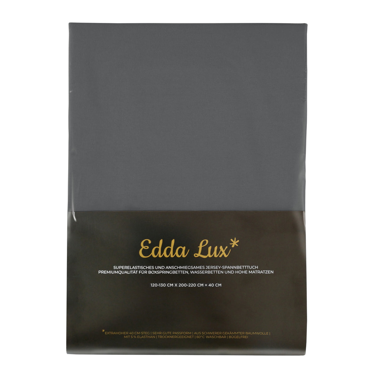 Verpackung von Edda Lux Bettlaken für Boxspringbetten und Wasserbetten mit aufgedrucktem Matratzenmaß 130×200 cm
