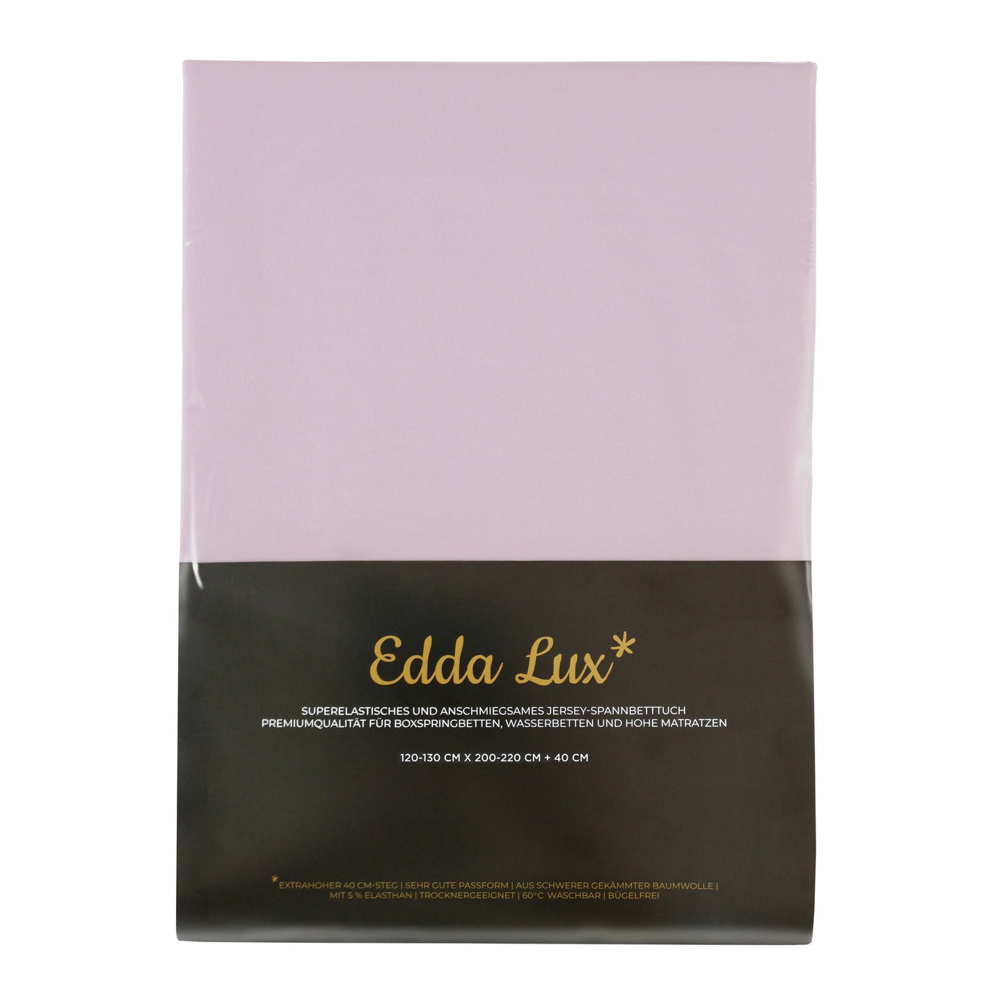 Verpackung von Edda Lux Spannbetttuch für Boxspringbetten und hohe Matratzen mit aufgedrucktem Matratzenmaß 120×220 cm