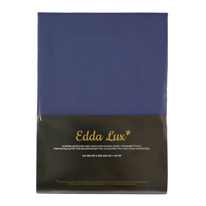 Verpackung von Edda Lux Spannbetttuch für Boxspringbetten und Wasserbetten mit aufgedrucktem Matratzenmaß 140×200 cm