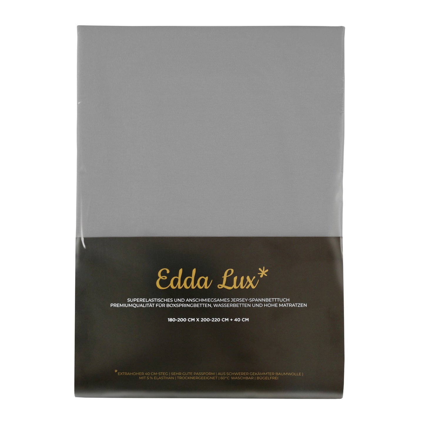 Verpackung von Edda Lux Bettlaken für Boxspringbetten und hohe Matratzen mit aufgedrucktem Matratzenmaß 180×220 cm