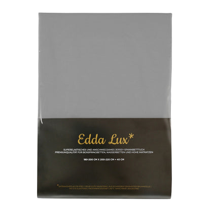 Verpackung von Edda Lux Bettlaken für Boxspringbetten und hohe Matratzen mit aufgedrucktem Matratzenmaß 180×220 cm