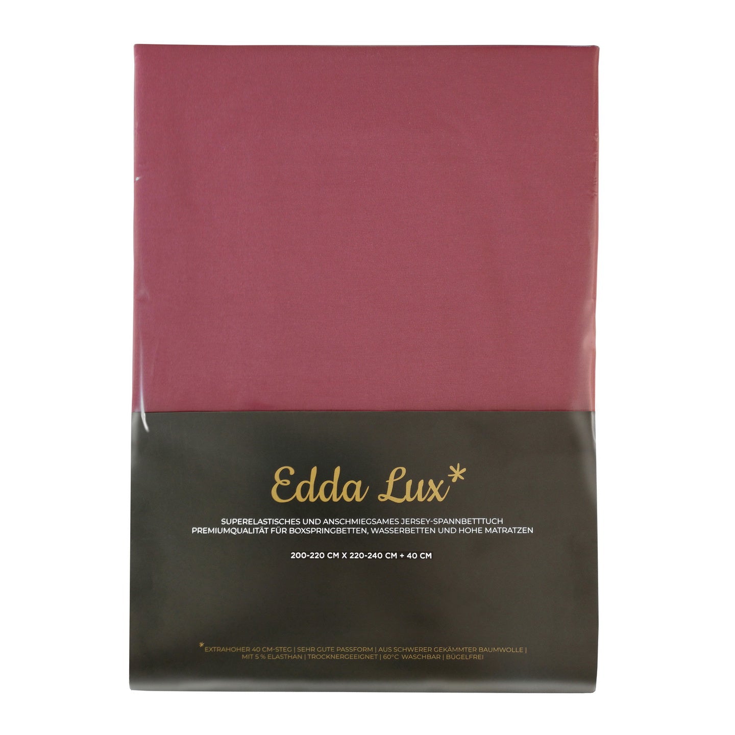 Verpackung von Edda Lux Spannbettlaken für Boxspringbetten und Wasserbetten mit aufgedrucktem Matratzenmaß 200×220 cm