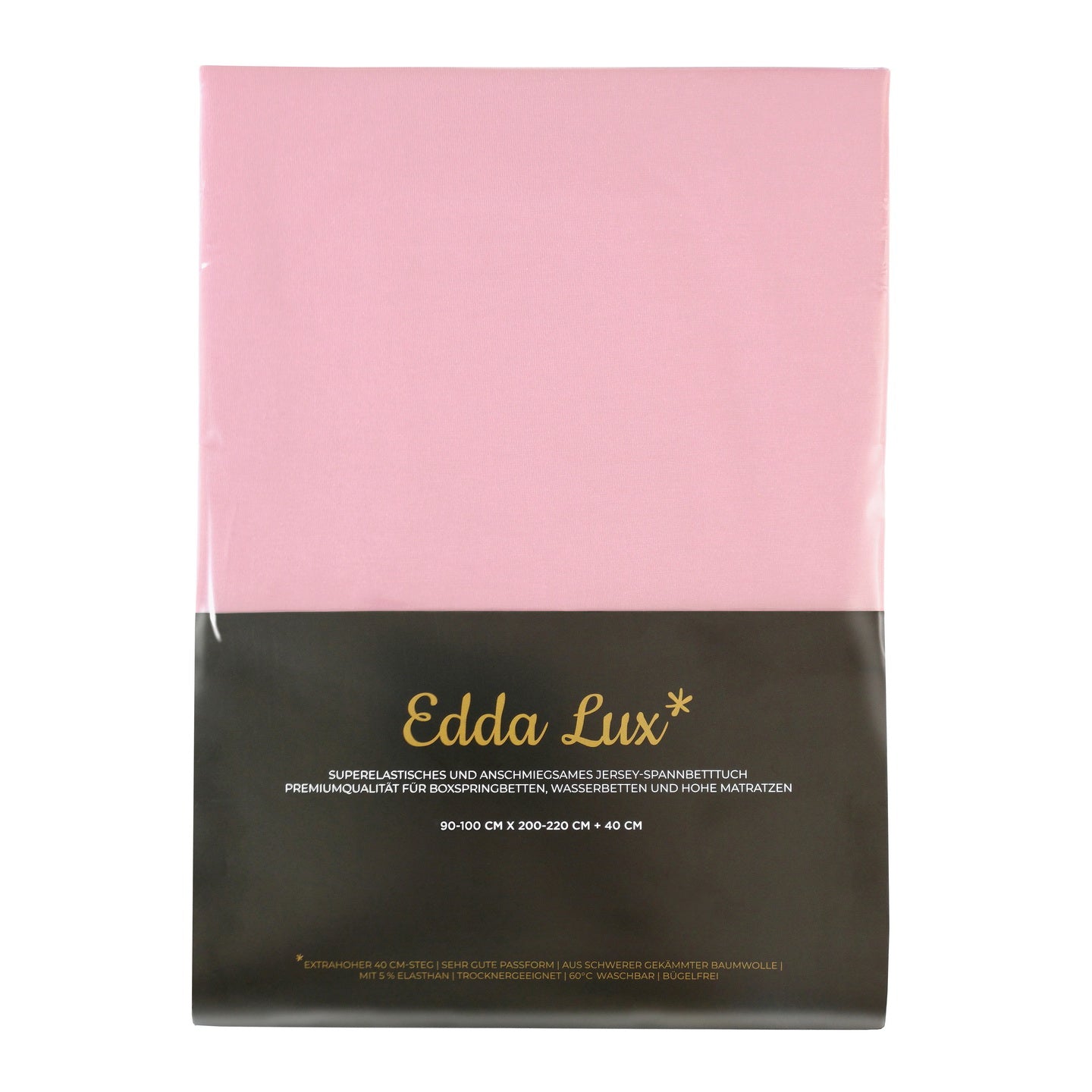 Verpackung von Edda Lux Spannbettlaken für Boxspringbetten und Wasserbetten mit aufgedrucktem Matratzenmaß 100×200 cm