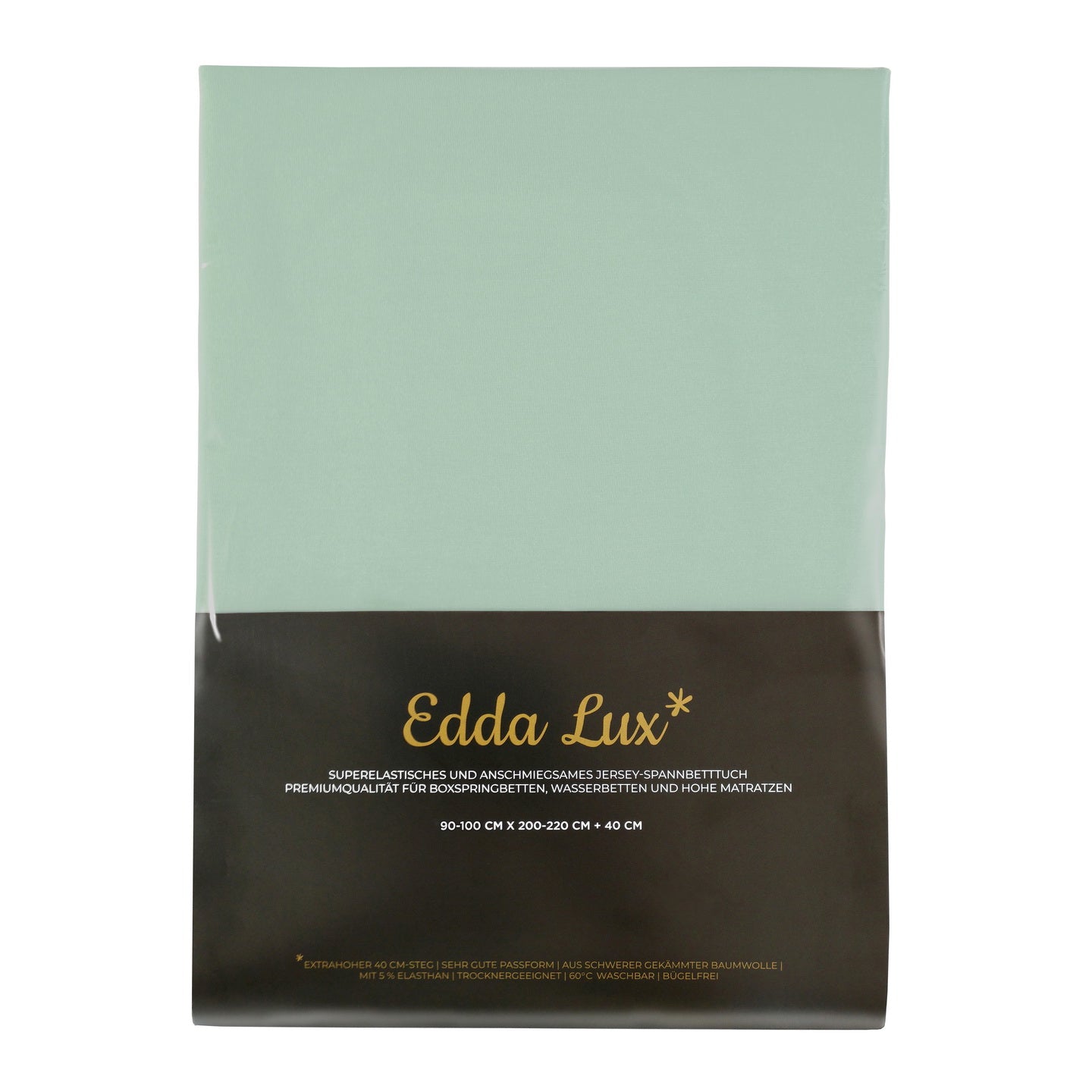 Verpackung von Edda Lux Spannbetttuch für Boxspringbetten und Wasserbetten mit aufgedrucktem Matratzenmaß 100×220 cm