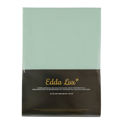 Verpackung von Edda Lux Spannbetttuch für Boxspringbetten und Wasserbetten mit aufgedrucktem Matratzenmaß 100×220 cm